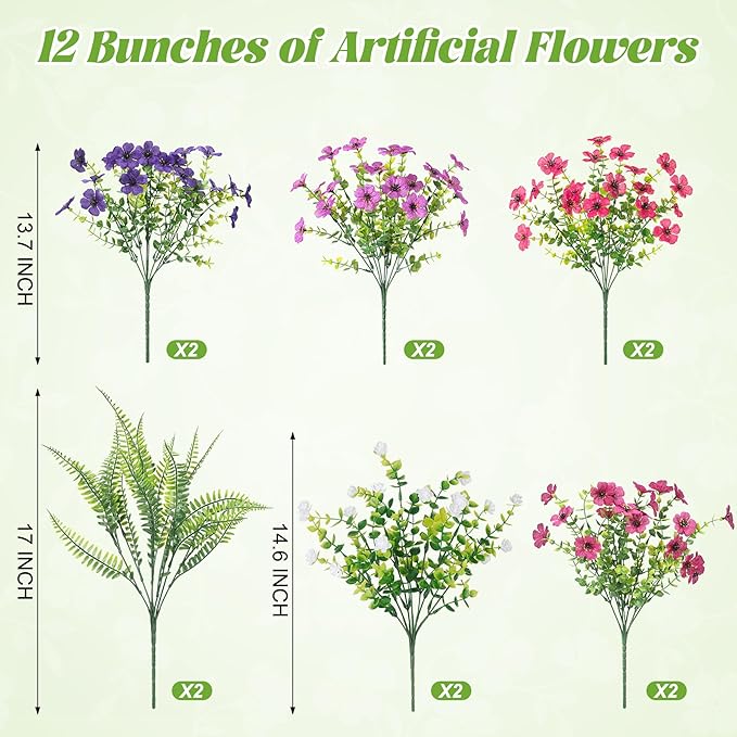 Ammyoo Artificial Flowers for Outdoors Spring Decoration, 12 Bundles Fake Flower Daisy with Realistic Eucalyptus Leaves, Faux Plants for Greenery Boxwood Porch Patio Garden Pot Lawn