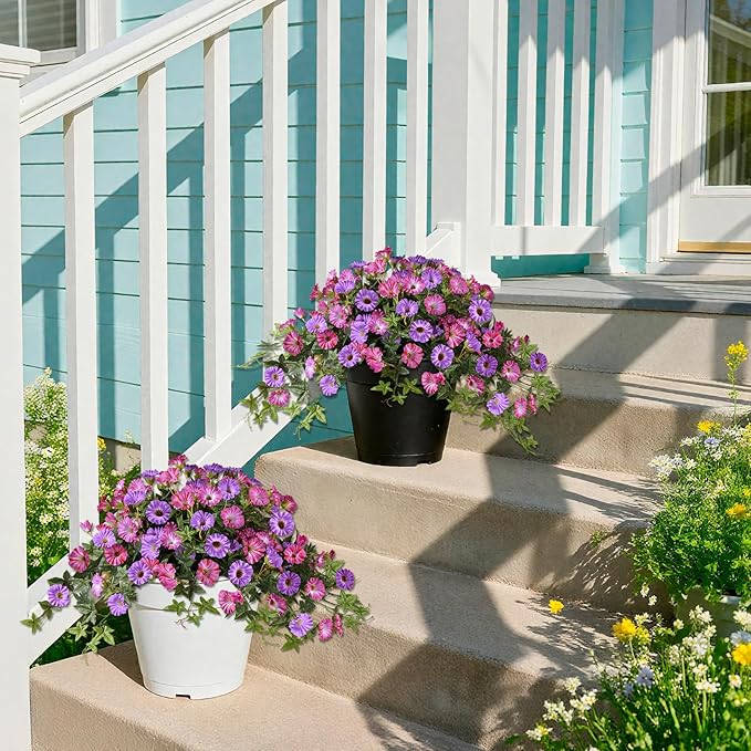 Artificial Fake Flowers Plants for Outdoors Spring Decoration, 2Pcs Faux Petunias with Greenery UV Resistant No Fade, Realistic Silk Flower for Outside Patio Planters Porch Window(Purple Fuchsia)