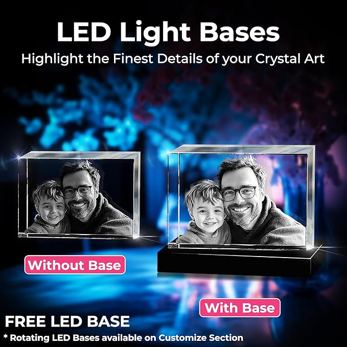3D innovation Premium 3D Crystal Photo with LED Light Base, Personalized Memorial Gifts for Mom, Dad, Wife, Men, Pets, Rectangle Laser Etched Crystal, Sympathy Gifts for Loss of Loved One