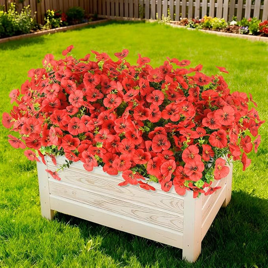 INQCMY Artificial Fake Pansy Flowers for Outdoor Spring Decor, 12 Bundles Realistic Silk Pansies with Eucalyptus Stem Faux Plants UV Resistant for Outside Planters Patio Garden Window Cemetery (Red)