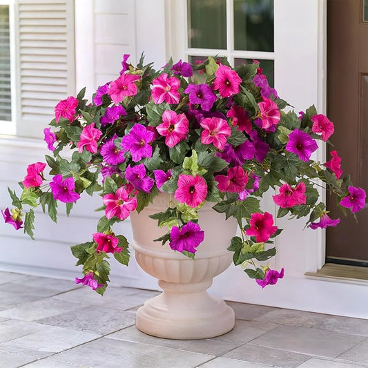 VGNQA Artificial Fake Flowers for Outdoor Spring Decoration, 2PCS Faux Silk Petunias No Fade UV Resistant Flowers for Outside Garden Porch Yard Balcony Patio Realistic Indoor Decor(Fuchsia)