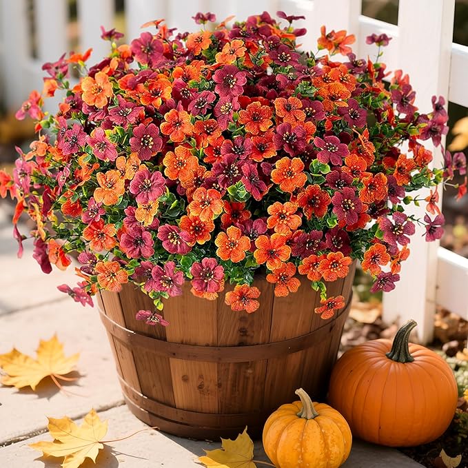 Fall Mums Artificial Flowers for Outdoors Potted, 12 Bundles Fake Fall Daisy Flower with Realistic Eucalyptus Leaves, Fake Plants for Greenery Boxwood Porch Patio Garden Pot Courtyard(Orange Brown)