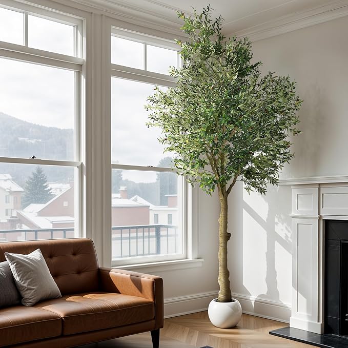 Jocoevol Artificial Olive Tree 10FT, Indoor Fake Silk Plant with Realistic Trunk, Leaves, Fruits and White Planter, Faux Potted Tree for Home Decor and Housewarming Gift, 1 Pack
