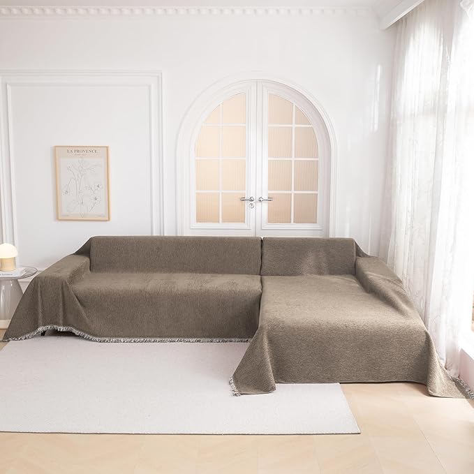 MYSKY HOME Couch Cover for Dogs, Washable Couch Covers, Non Slip Couch Sofa Cover, Couch Cover 2 Cushion Sofa Dogs Furniture Protector with Tassels Chenille Sofa Covers for Pets, 71"x118", Sand