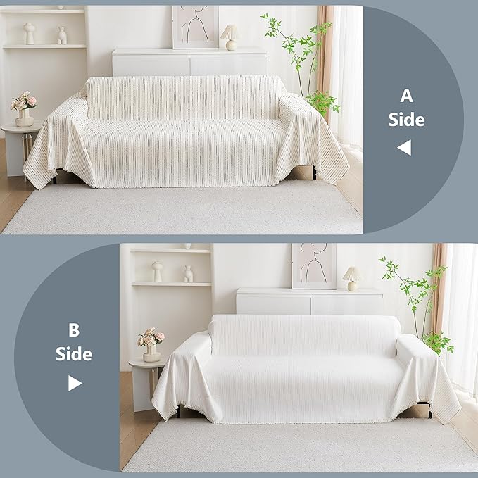 MYSKY HOME Couch Cover for Dogs, Sectional Couch Cover, Beige Lines Sofa Covers for Sectional Sofa L Shape Chenille Couch Protector for Dogs Pets Couch Covers Washable Soft Throw, 71" X118"