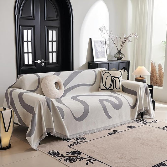 MYSKY HOME Couch Cover for 3 Cushion Sofa, Super Soft Boho Couch Covers for Dogs Washable, Jacquard Slipcover Furniture Protector for Living Room, 91" x 118", Grey Curve