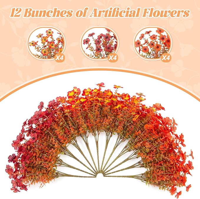 Ammyoo Fall Mums Artificial Flowers for Outdoors Potted, Fake Fall Daisy Flower with Realistic Eucalyptus Leaves, Fake Plants for Greenery Boxwood Porch Patio Garden Pot Courtyard Lawn, 12 Bundles