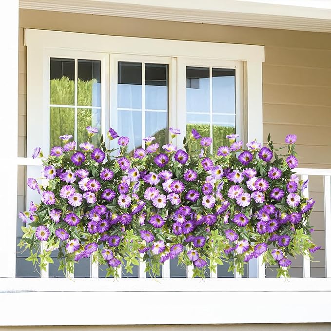 Artificial Fake Flowers Plants for Outdoors Spring Decoration, 2Pcs Faux Petunias with Greenery UV Resistant No Fade, Realistic Silk Flower for Outside Patio Planters Front Porch Window (Purple)