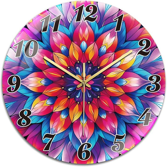 peacoblue Wall Clocks Battery Operated 12 Inch Datura Glass Round Wall Clock Non Ticking for Kitchen Living Room Dining Room Bedroom and Bathroom Decor Accessories (Battery not Included)
