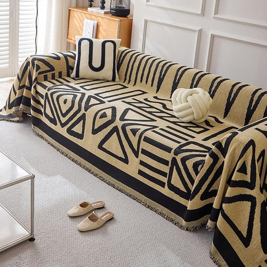 HANDONTIME Boho Geometric Couch Covers for Sofa Pet Friendly Taupe and Black Sofa Covers Washable Chenille Couch Blanket Cover for 3 4 Cushion Couches Pet Protector Furniture Cover Soft, 71" X 150"