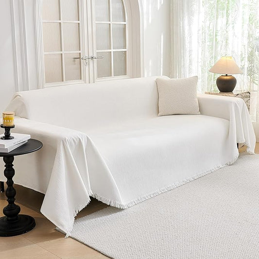 MYSKY HOME Couch Cover for Dogs Washable Couch Covers Couch Covers for Dogs Couch Cover 2 Cushion Sofa Non Slip Dogs Furniture Protector with Tassels Chenille Sofa Covers for Pets, 71"x102", White