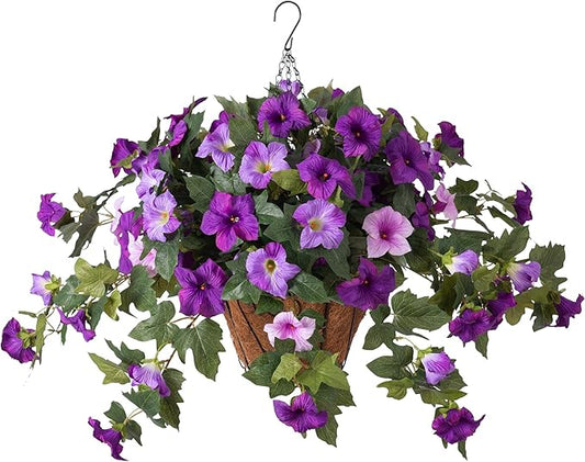 Artificial Petunia Flowers with Hanging Basket for Outdoors, 3 Pcs Fake Hanging Flowers UV Resistant Faux Silk Plants in Basket for Garden Porch Yard Patio Realistic Home Spring Decor(Double Purple)