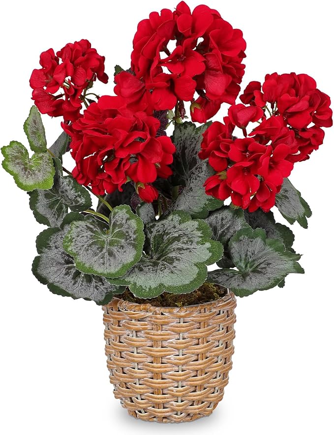Briful Artificial Red Geranium Flowers in Woven Basket, 14.5’’ Tall Silk Flower Arrangement, Realistic Geraniums Artificial Outdoor Plants for Home Indoor Farmhouse Table Wedding Centerpiece Decor
