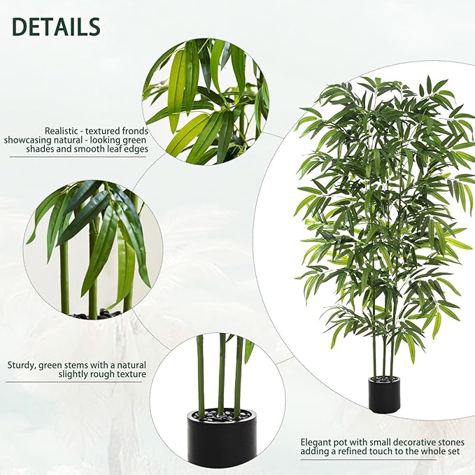 TXABL Artificial Tree Fake Plants, Artificial Bamboo Tree 5FT Tall in Black Potted, Artificial Tree Indoor Decor Bamboo Silk Tree with Natural Wood Trunk, for Home Office Living Room Modern