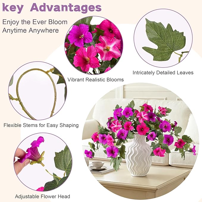 VGNQA Artificial Fake Flowers for Outdoor Spring Decoration, 2PCS Faux Silk Petunias No Fade UV Resistant Flowers for Outside Garden Porch Yard Balcony Patio Realistic Indoor Decor(Fuchsia)