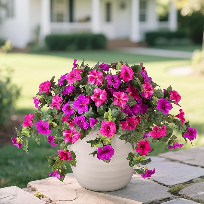 VGNQA Artificial Fake Flowers for Outdoor Spring Decoration, 2PCS Faux Silk Petunias No Fade UV Resistant Flowers for Outside Garden Porch Yard Balcony Patio Realistic Indoor Decor(Fuchsia)