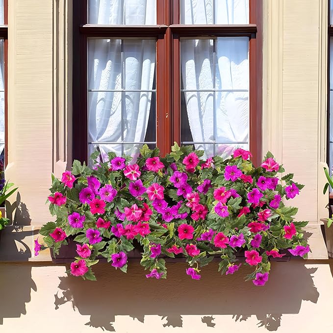 VGNQA Artificial Fake Flowers for Outdoor Spring Decoration, 2PCS Faux Silk Petunias No Fade UV Resistant Flowers for Outside Garden Porch Yard Balcony Patio Realistic Indoor Decor(Fuchsia)