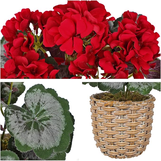 Briful Artificial Red Geranium Flowers in Woven Basket, 14.5’’ Tall Silk Flower Arrangement, Realistic Geraniums Artificial Outdoor Plants for Home Indoor Farmhouse Table Wedding Centerpiece Decor