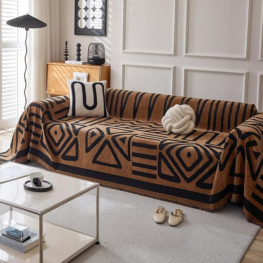 HANDONTIME Boho Geometric Couch Covers for Sofa Pet Friendly Brown and Black Sofa Covers Washable Chenille Couch Blanket Cover for 3 4 Cushion Couches Pet Protector Furniture Cover Soft, 71" X 134"