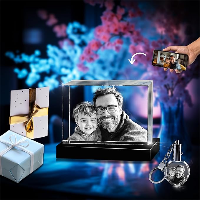 3D innovation Premium 3D Crystal Photo with LED Light Base, Personalized Memorial Gifts for Mom, Dad, Wife, Men, Pets, Rectangle Laser Etched Crystal, Sympathy Gifts for Loss of Loved One