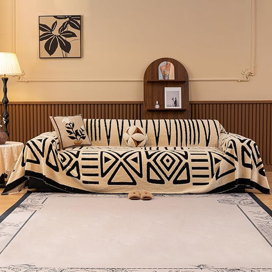 HANDONTIME Boho Sofa Covers for Dogs Black and White Couch Sofa Covers for 3 Cushion Couches Sofa Beige Shu Velveteen Couch Covers for Sectional l Shaped Short Plush Furniture Covers 71" X134"