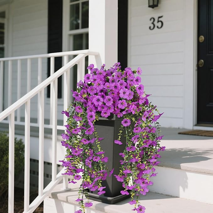 AmberFun 2PCS Artificial Flowers for Outdoors, UV Resistant Fake Silk Flowers for Outside, Realistic Faux Plants for Hanging Baskets, Planters - Porch, Patio, Garden Décor (Purple)