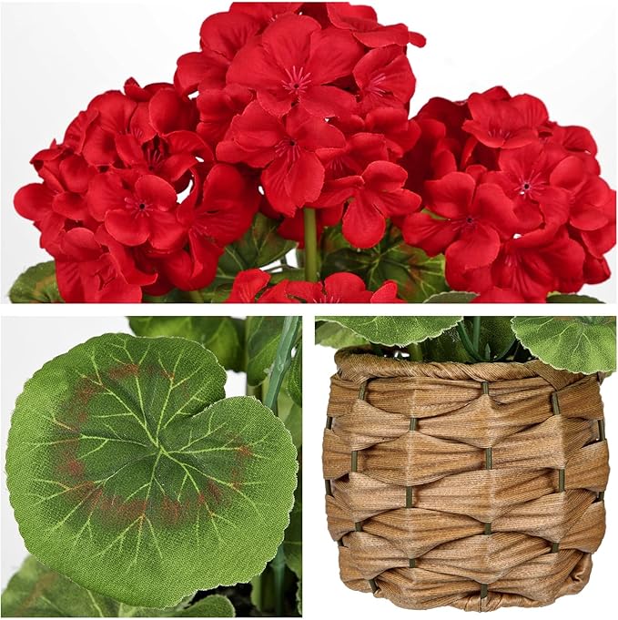 Briful Artificial Geraniums Flowers Potted Plant - 13.7'' Tall Faux Red Silk Realistic Lush Geraniums Flowers in Basket, Indoor&Outdoor Decorative Plant, Farmhouse Home Porch Office Patio Table