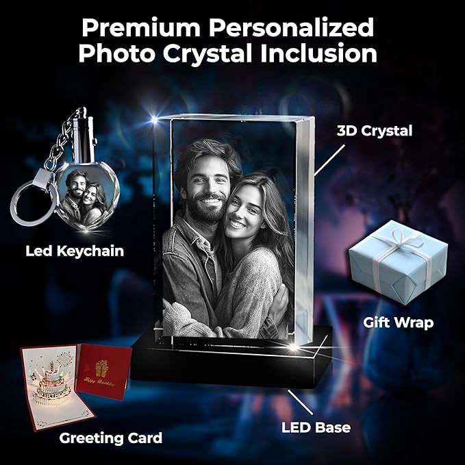 3D innovation Premium 3D Crystal Photo with LED Light Base, Personalized Memorial Gifts for Mom, Dad, Wife, Men, Pets, Rectangle Laser Etched Crystal, Sympathy Gifts for Loss of Loved One