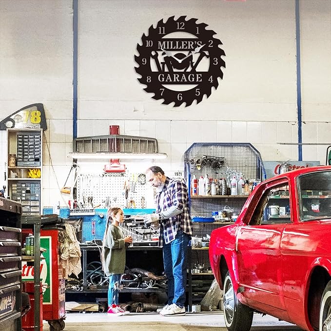 HZYCYYFC Personalized Metal Garage Clock, Custom Metal Workshop Clock,Custom Garage Wall Decor Gift for Father's Day Husband