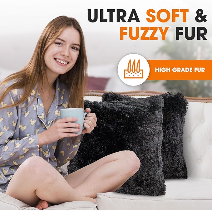 Cheer Collection Throw Pillows for Couch and Bed, Soft Shaggy Throw Pillows with Inserts Included, Cozy Long Hair Faux Fur Pillows - Set of 2-24" x 24" Black