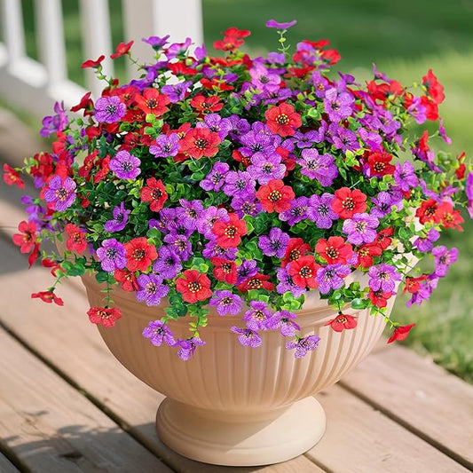 Ammyoo Artificial Fake Plants Flowers for Outdoor Spring Summer Decor, 12 Bundles Faux Silk Daisy for Planter Pot Colorful UV Resistant Look Real for Front Door Porch Patio Outside Yard(Purple Red)