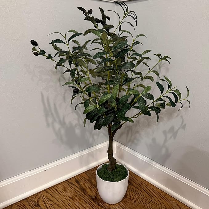 Olive Tree with Fruits & Free Pot and LED Lights - Realistic Faux Olive Tree for Home Decor, Indoor/Outdoor Use (Medium)