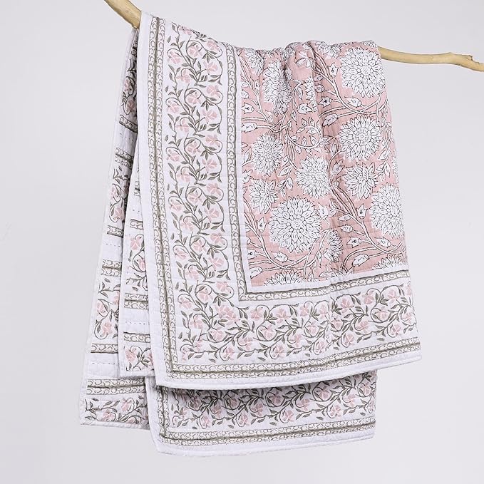 Levtex Home Adare Blush Quilted Throw - (50x60in.) - Floral - Blush White - Reversible - Cotton