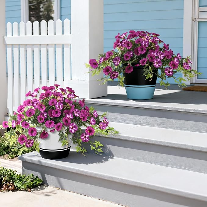 Artificial Fake Flowers Plants for Outdoors Spring Decoration, 2Pcs Faux Petunias with Greenery UV Resistant No Fade, Realistic Silk Flower for Outside Patio Planters Front Porch Window (Fuchsia)