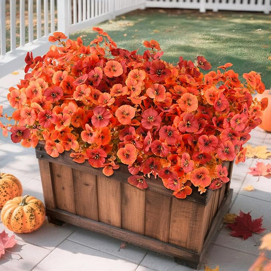 Artificial Fall Flowers for Outdoors Decoration, 12 Bundles Faux Pansies Fake Mums Flower Plants UV Resistant No Fade, Realistic Silk Pansy Look Real for Porch Planters Garden Patio Yard (Red Orange)