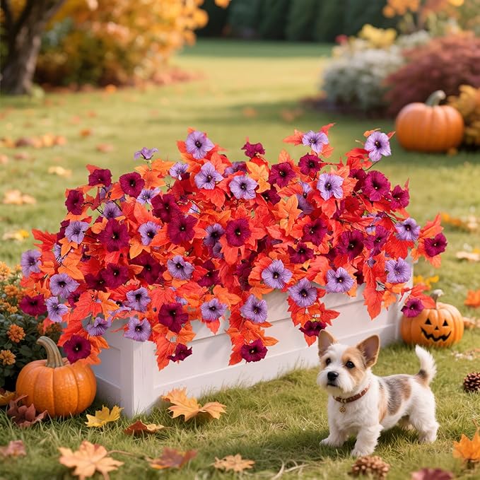 VGNQA Fake Fall Flowers for Outdoor Decor 2 Pcs Artificial Flowers Fake Faux Silk Petunias Fall Plants, UV Resistant Flower for Garden Porch Patio Balcony Thankgiving Decoration (Burgundy Purple)