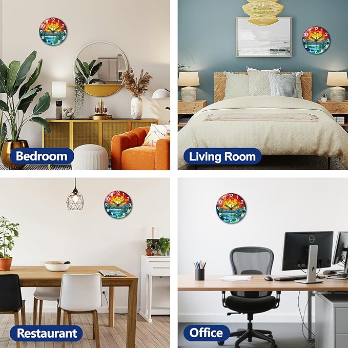 peacoblue Wall Clocks Battery Operated 12 Inch Bohemian Sunset Glass Round Wall Clock Non Ticking for Kitchen Living Room Dining Room Bedroom and Bathroom Decor Accessories (Battery not Included)