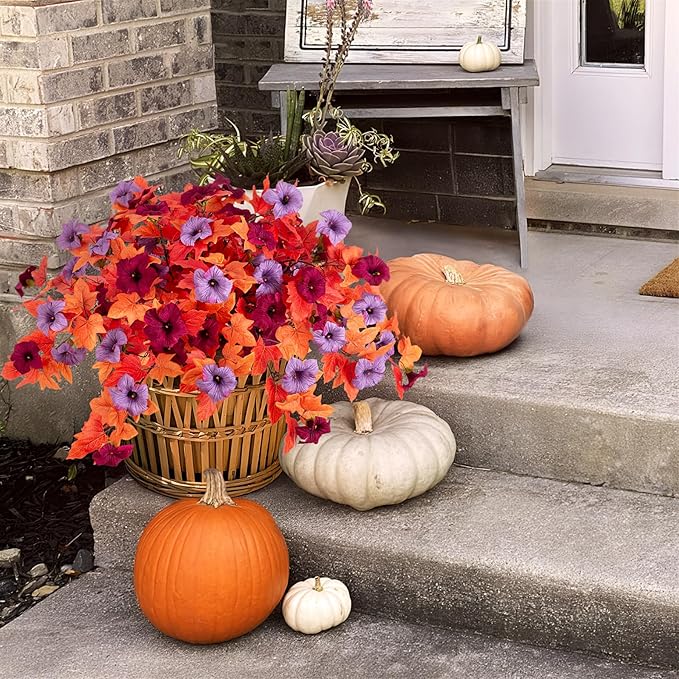 VGNQA Fake Fall Flowers for Outdoor Decor 2 Pcs Artificial Flowers Fake Faux Silk Petunias Fall Plants, UV Resistant Flower for Garden Porch Patio Balcony Thankgiving Decoration (Burgundy Purple)