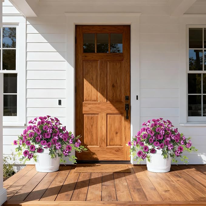 Artificial Fake Flowers Plants for Outdoors Spring Decoration, 2Pcs Faux Petunias with Greenery UV Resistant No Fade, Realistic Silk Flower for Outside Patio Planters Front Porch Window (Fuchsia)