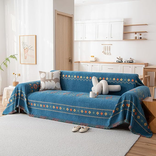 DREAMINGO Blue Boho Couch Cover Geometric Jacquard Sofa Covers for 2 Cushion Couch Loveseat Couch Cover for Pets Dogs Vintage Chenille Sofa Cover Blanket Furniture Protector Throw Slipcover,71"x118"