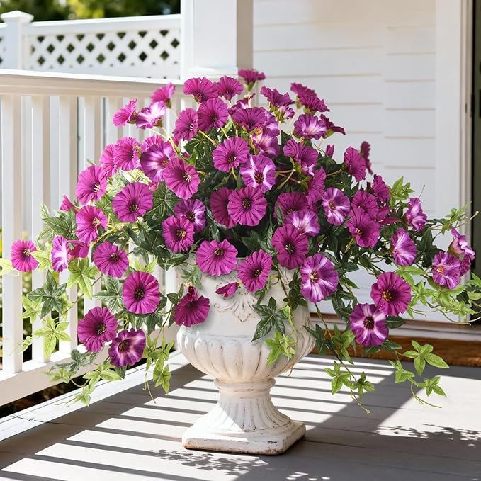 Artificial Fake Flowers Plants for Outdoors Spring Decoration, 2Pcs Faux Petunias with Greenery UV Resistant No Fade, Realistic Silk Flower for Outside Patio Planters Front Porch Window (Fuchsia)