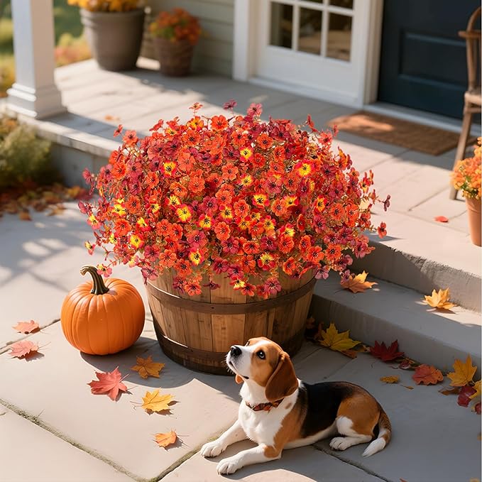 Ammyoo Fall Mums Artificial Flowers for Outdoors Potted, Fake Fall Daisy Flower with Realistic Eucalyptus Leaves, Fake Plants for Greenery Boxwood Porch Patio Garden Pot Courtyard Lawn, 12 Bundles