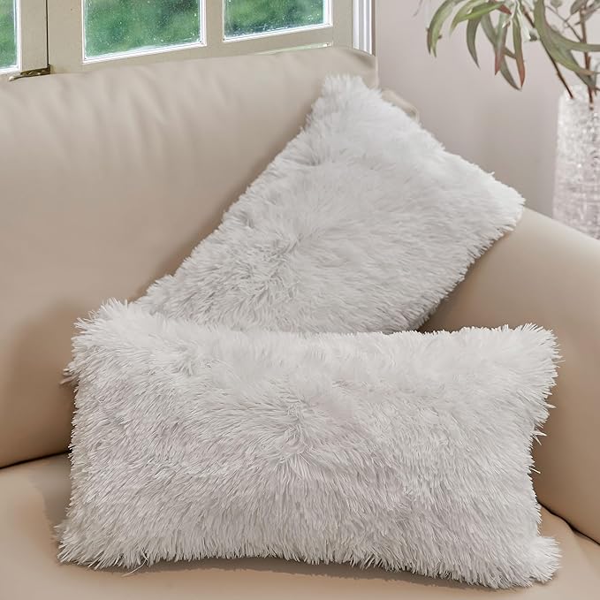 Cheer Collection Throw Pillows for Couch and Bed, Soft Shaggy Throw Pillows with Inserts Included, Cozy Long Hair Faux Fur Pillows - Set of 2-12" x 20" - White