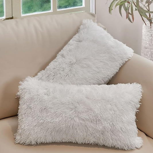 Cheer Collection Throw Pillows for Couch and Bed, Soft Shaggy Throw Pillows with Inserts Included, Cozy Long Hair Faux Fur Pillows - Set of 2-12" x 20" - White