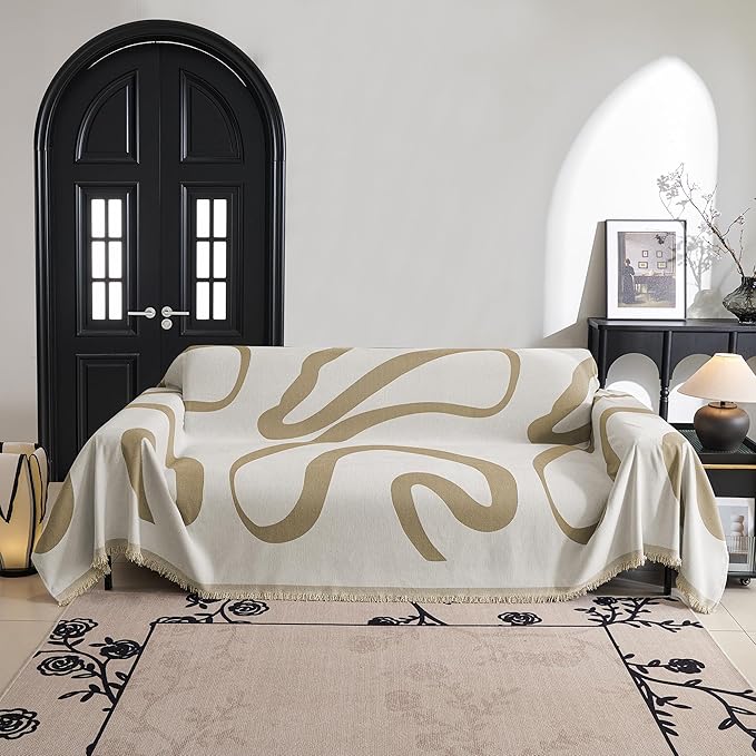 MYSKY HOME Couch Cover for 3 Cushion Sofa, Super Soft Boho Couch Covers for Dogs Washable, Jacquard Slipcover Furniture Protector for Living Room, 91" x 118", Khaki Curve