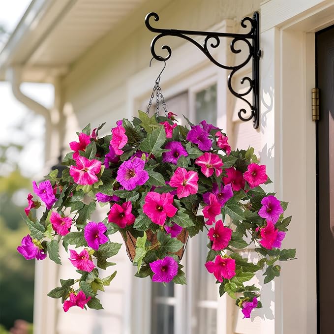 VGNQA Artificial Fake Flowers for Outdoor Spring Decoration, 2PCS Faux Silk Petunias No Fade UV Resistant Flowers for Outside Garden Porch Yard Balcony Patio Realistic Indoor Decor(Fuchsia)