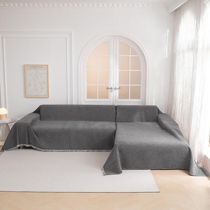 MYSKY HOME Couch Cover for Sofa Couch Covers for Pets, Non Slip Dogs Furniture Protector with Tassels for Living Room Non Slip Washable Furniture Protector Cover for Pet, Cat, 91"x118", Dark Grey