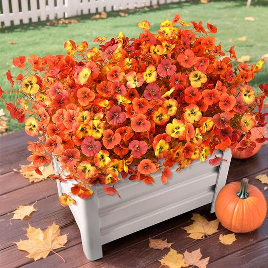 Artificial Fall Flowers for Outdoors Decoration, 12 Bundles Faux Pansies Fake Mums Flower Plants UV Resistant No Fade, Realistic Silk Pansy for Porch Planters Garden Patio Yard (Red Orange Yellow)