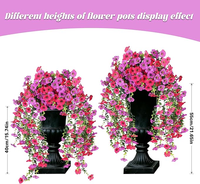 AmberFun 2PCS Artificial Flowers for Outdoors, UV Resistant Fake Silk Flowers for Outside, Realistic Faux Plants for Hanging Baskets, Planters - Porch, Patio, Garden Décor (Purple)
