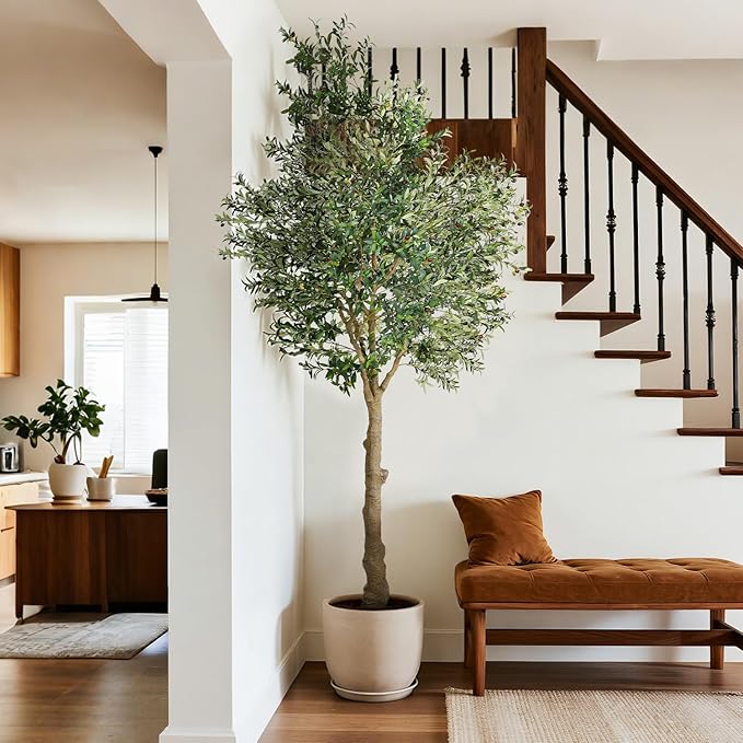 Jocoevol Artificial Olive Tree 10FT, Indoor Fake Silk Plant with Realistic Trunk, Leaves, Fruits and White Planter, Faux Potted Tree for Home Decor and Housewarming Gift, 1 Pack